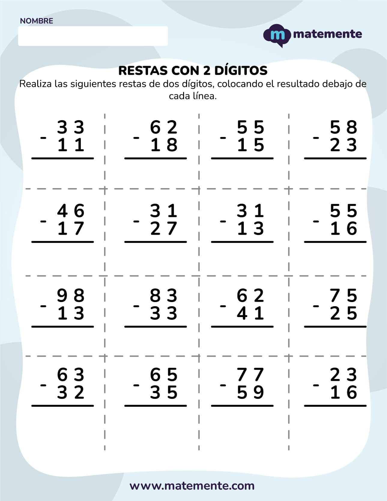 actividades de restas para primer grado dos dígitos 1