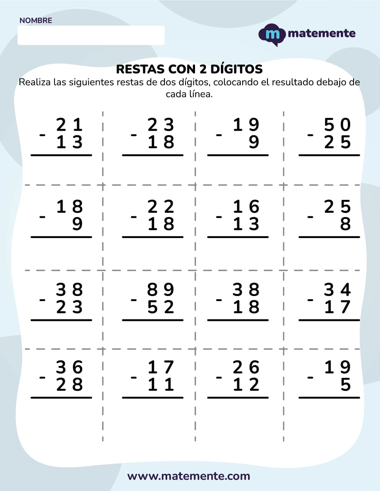 actividades de restas para primer grado dos dígitos 10