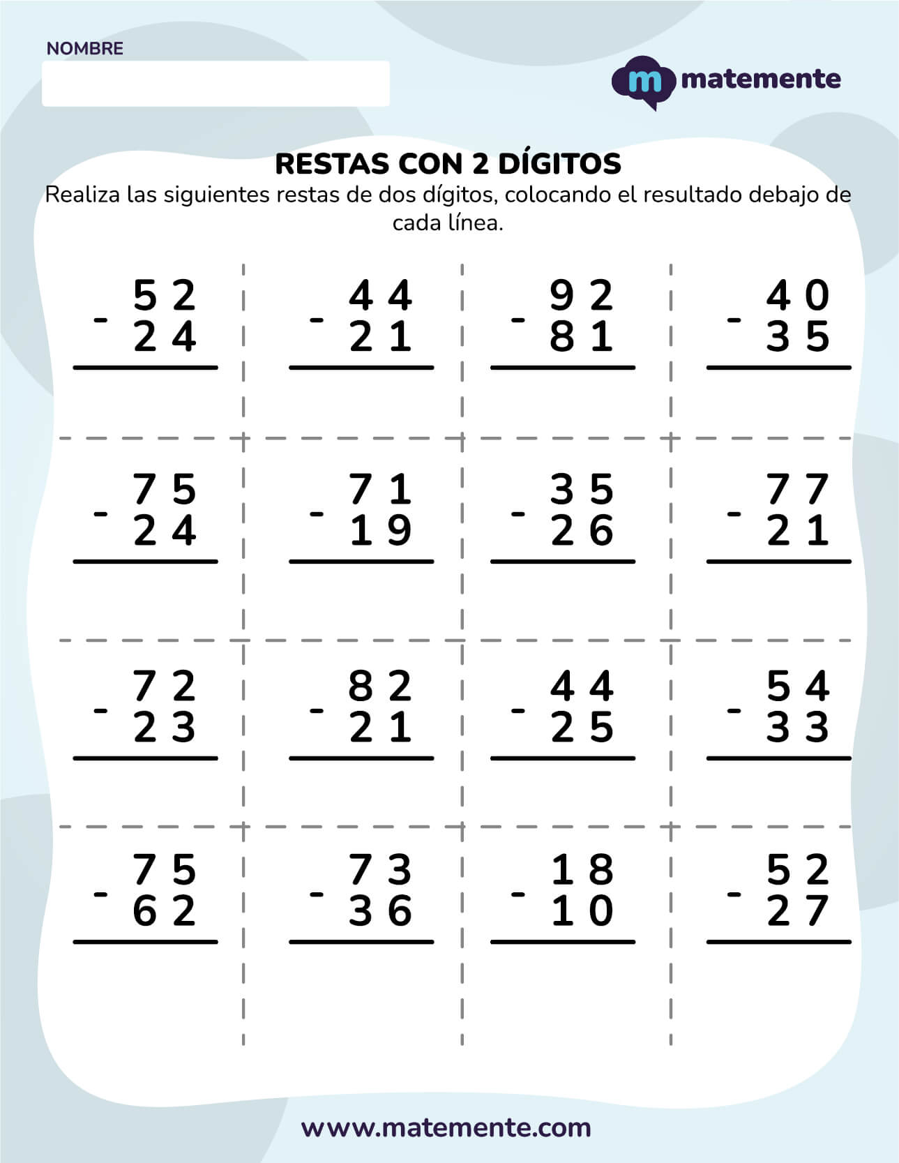 actividades de restas para primer grado dos dígitos 2