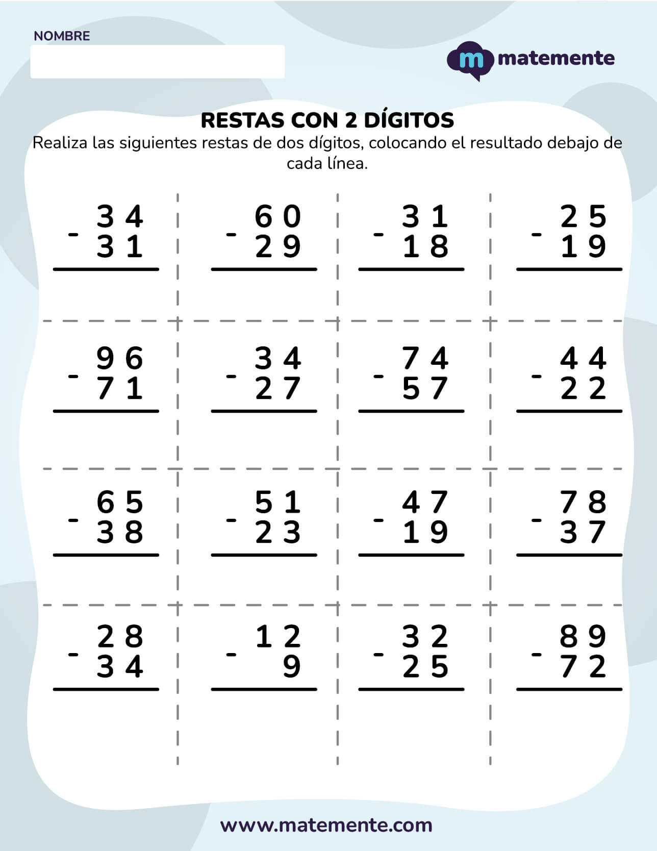 actividades de restas para primer grado dos dígitos 3