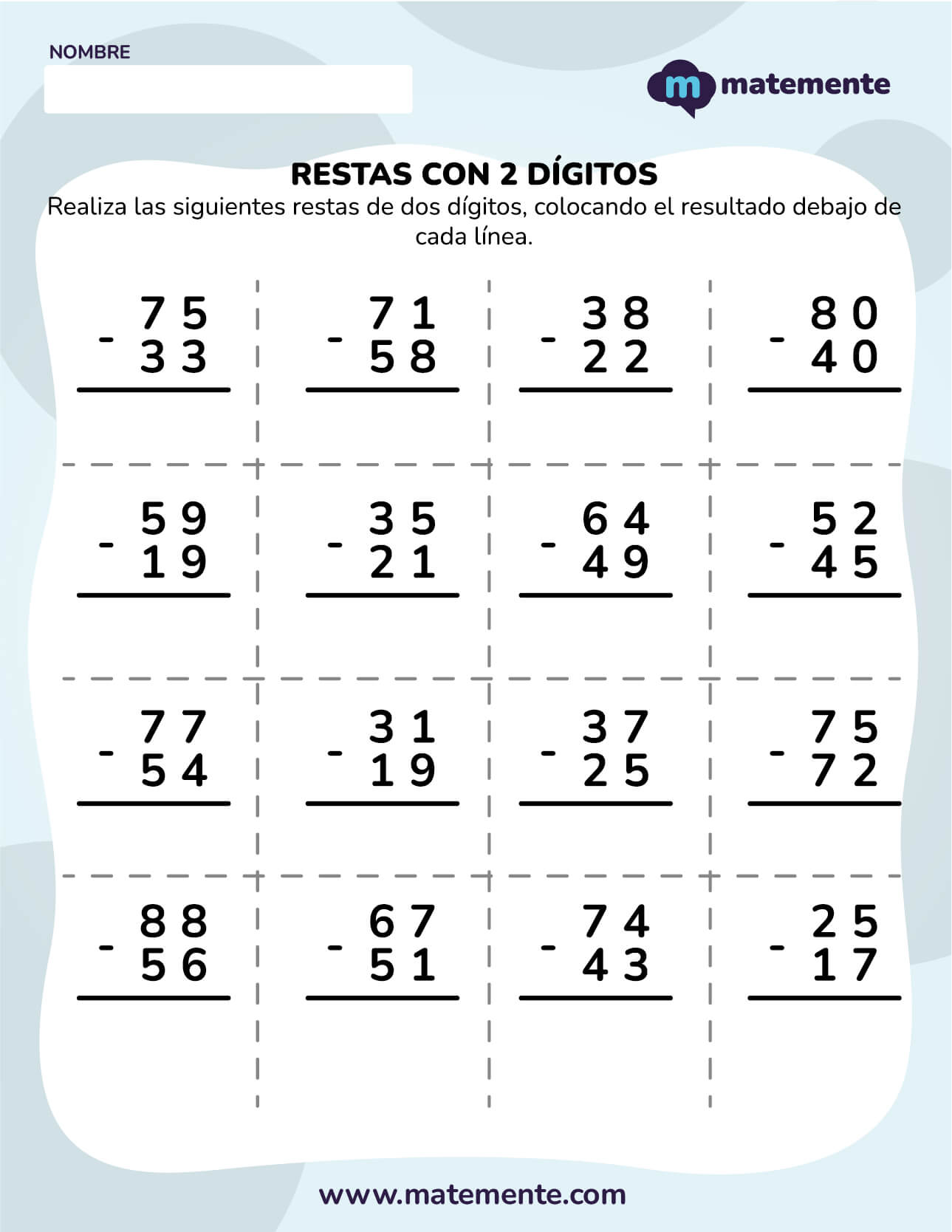 actividades de restas para primer grado dos dígitos 4