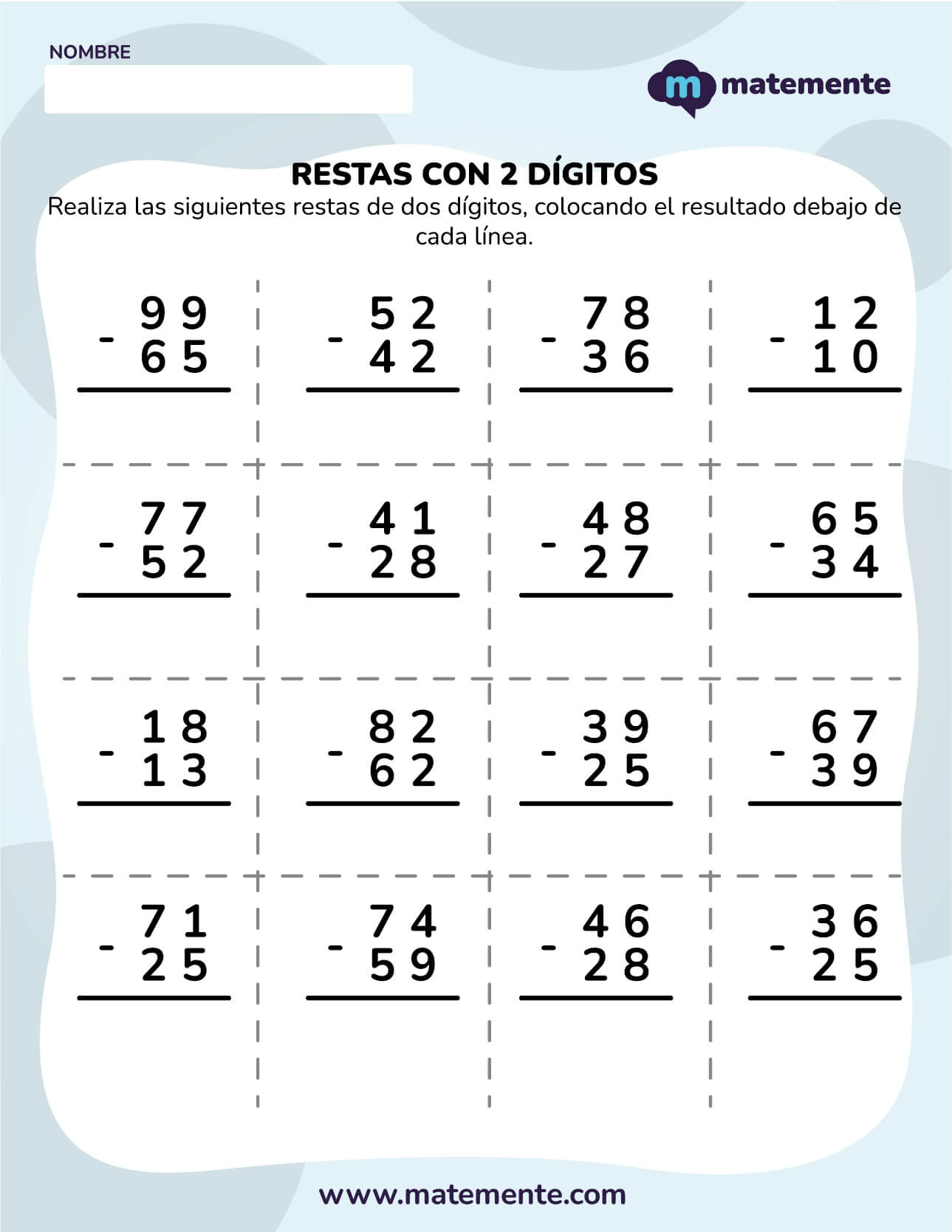 actividades de restas para primer grado dos dígitos 6