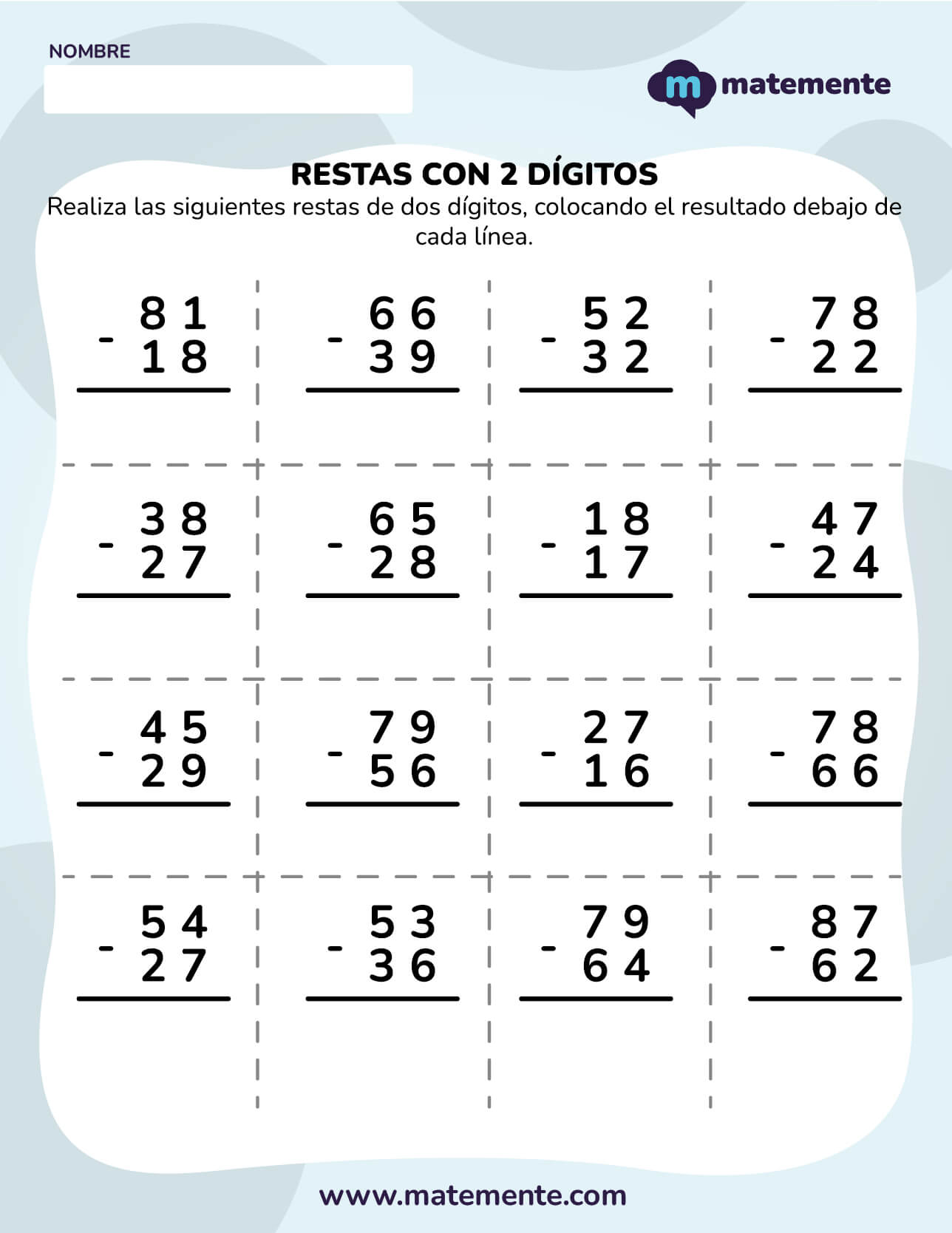 actividades de restas para primer grado dos dígitos 7