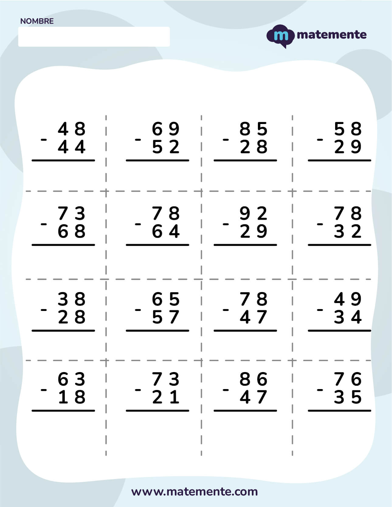 actividades de restas para primer grado dos dígitos 8