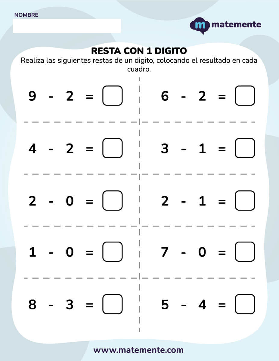 actividades de restas para primer grado un digito 1