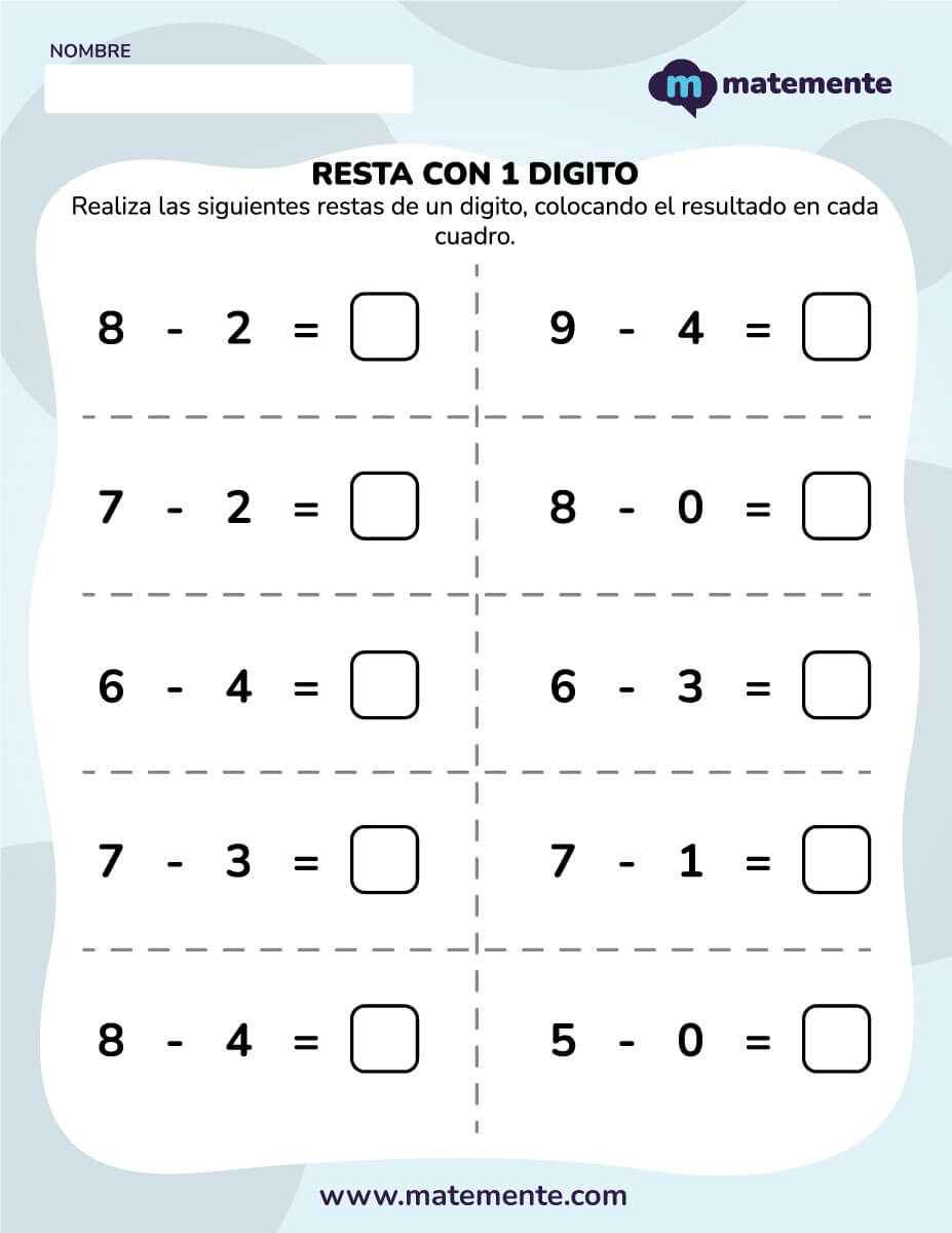 actividades de restas para primer grado un digito 2