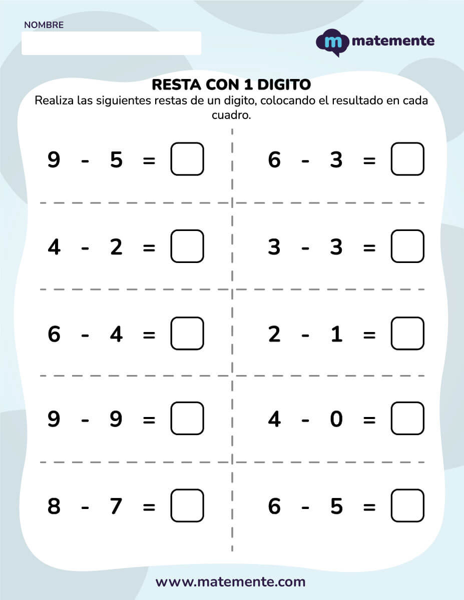 actividades de restas para primer grado un digito 7
