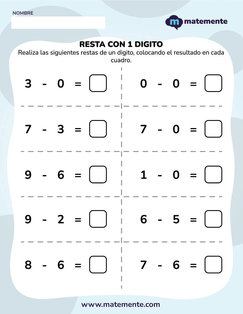 actividades de restas para primer grado un digito 8