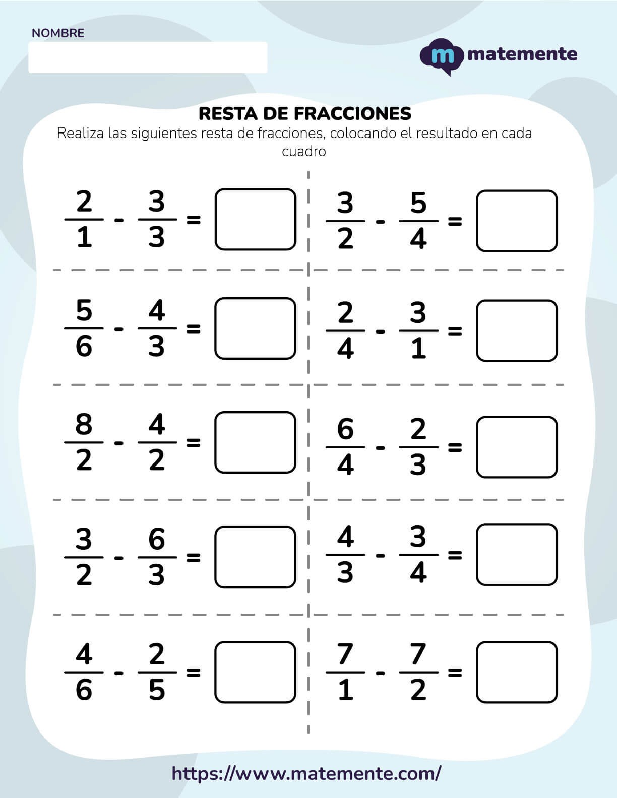 Ejercicios de resta de fracciones 1