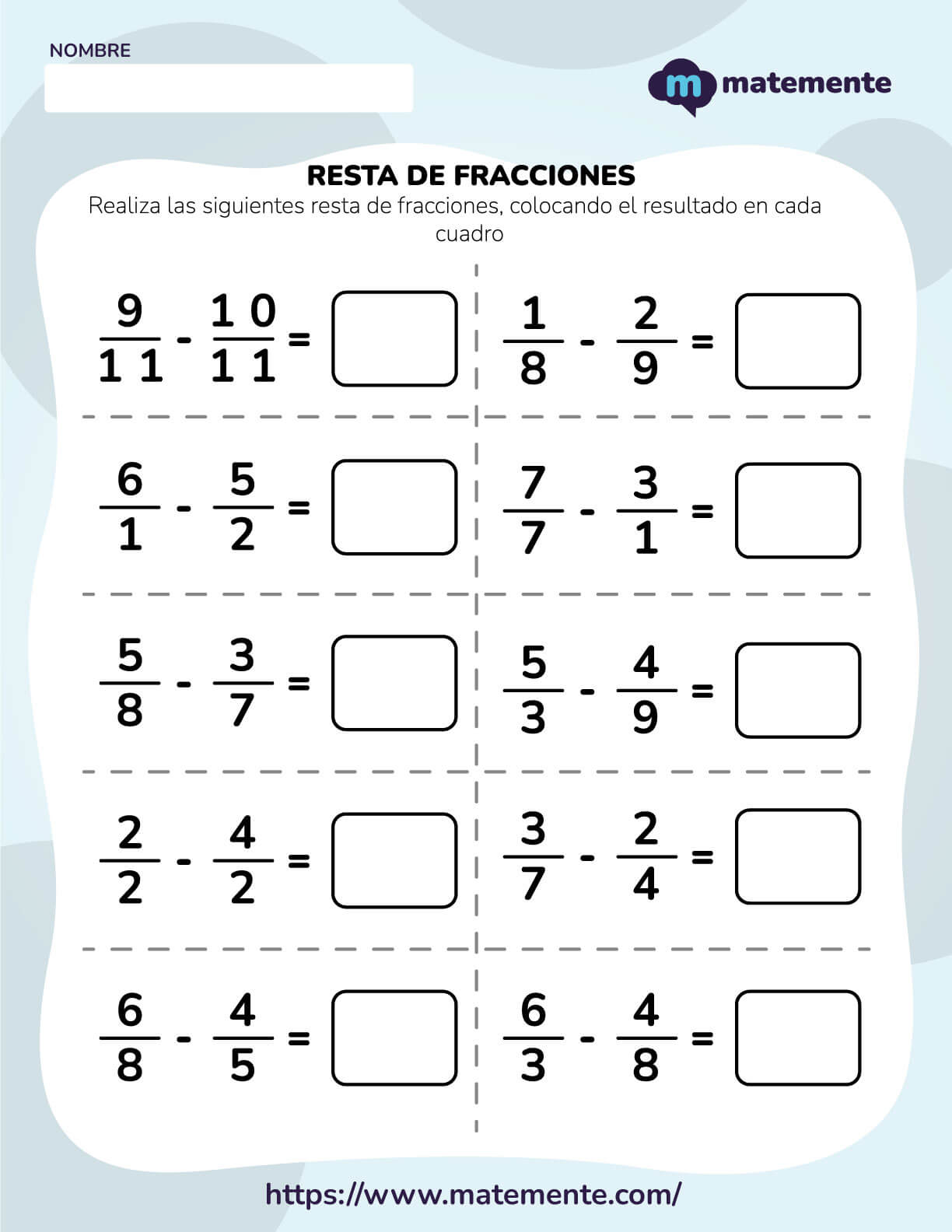 Ejercicios de resta de fracciones 10