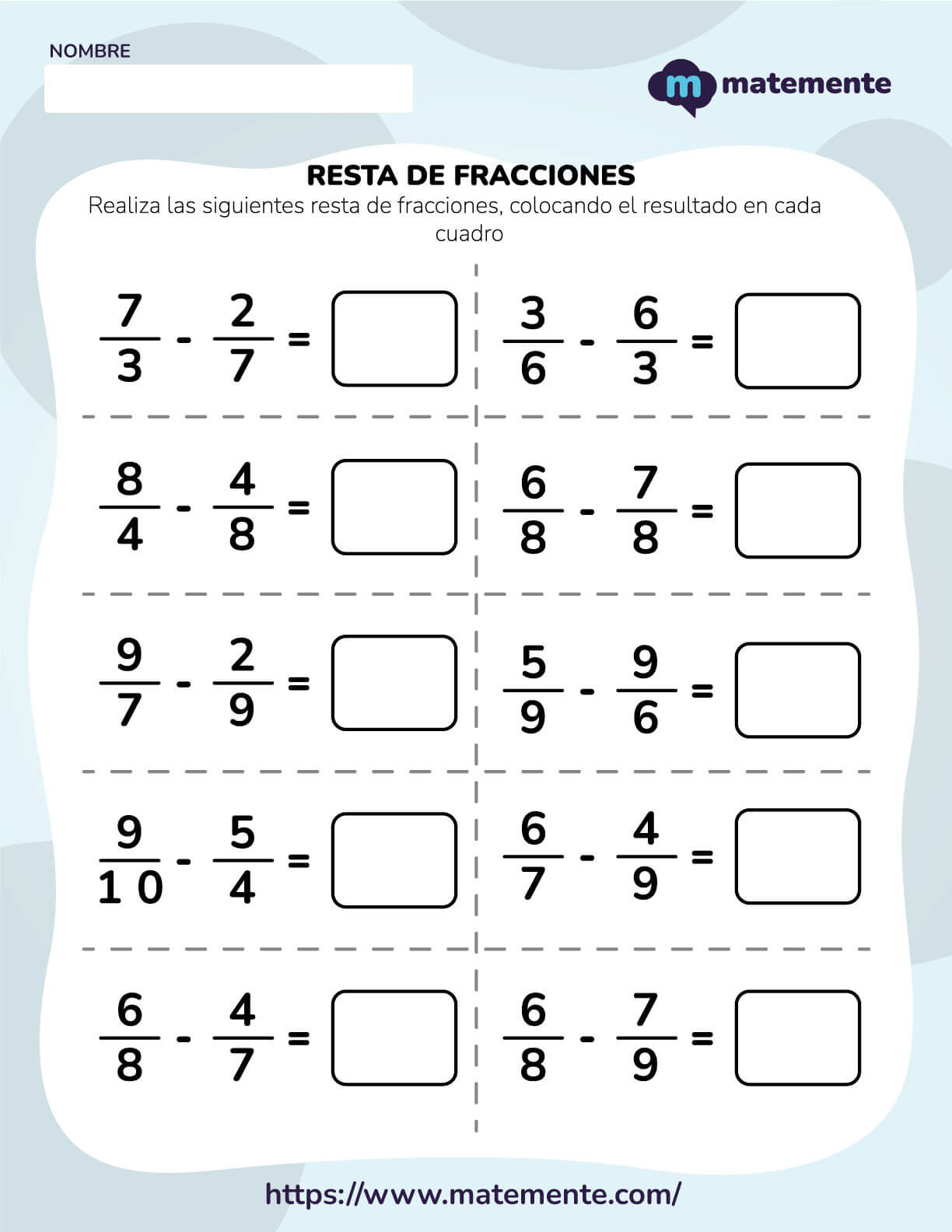 Ejercicios de resta de fracciones 7