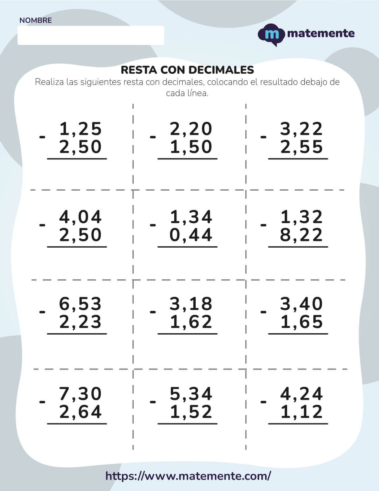 Resta con decimales ejercicios 1