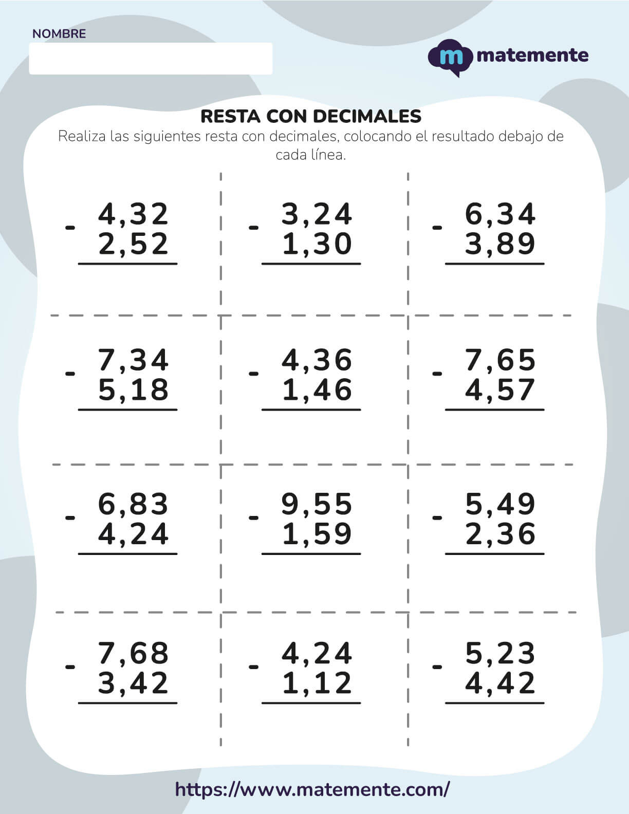 Resta con decimales ejercicios 10