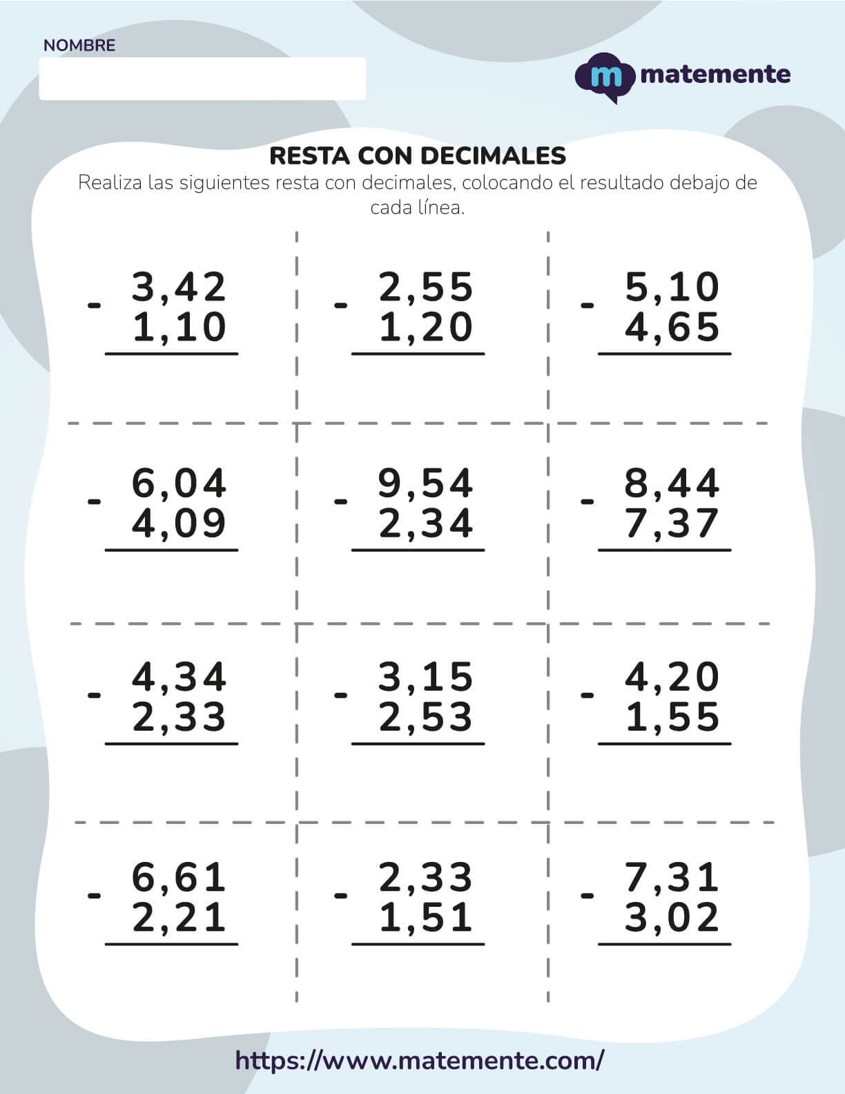 Resta con decimales ejercicios 2