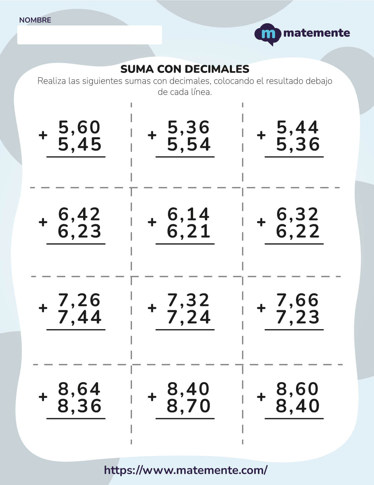 Suma con decimales ejercicios 2