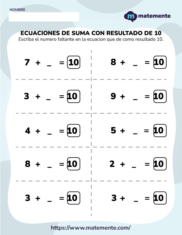 Ecuaciones de Suma con Resultado de 10