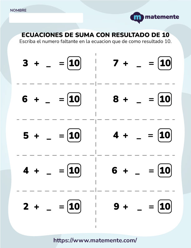 Ecuaciones de Suma con Resultado de 10 - 2