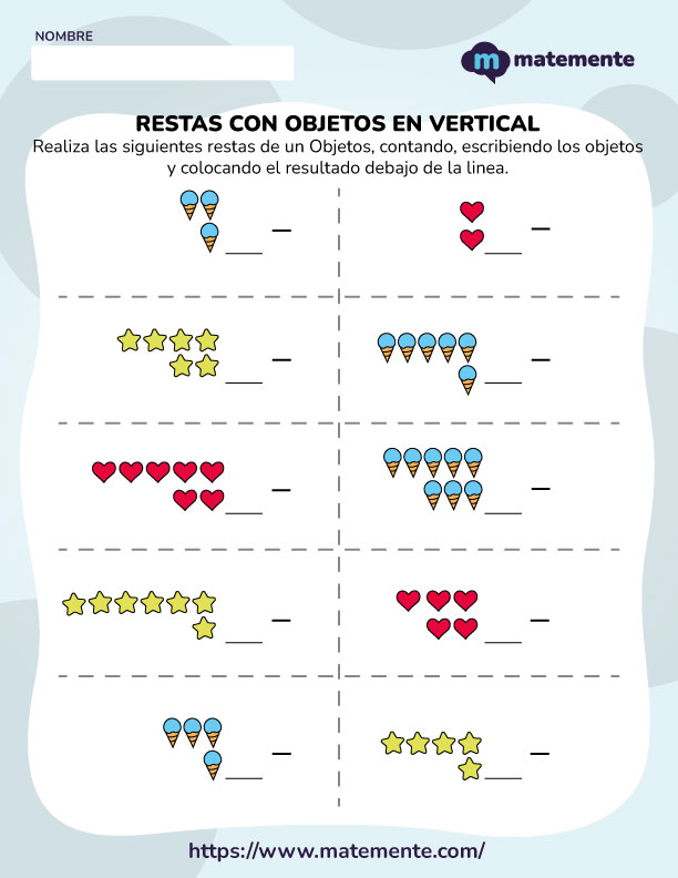 Ejercicios de resta con objetos en vertical