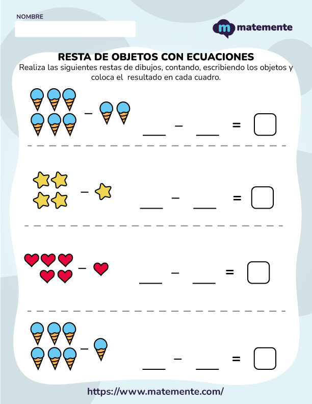 Ejercicios de Resta con objetos y ecuaciones - 1