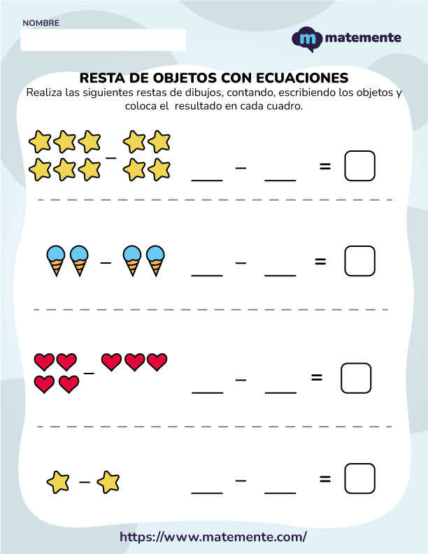 Ejercicios de Resta con objetos y ecuaciones - 2