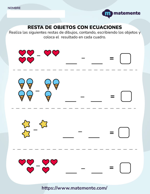 Ejercicios de Resta con objetos y ecuaciones