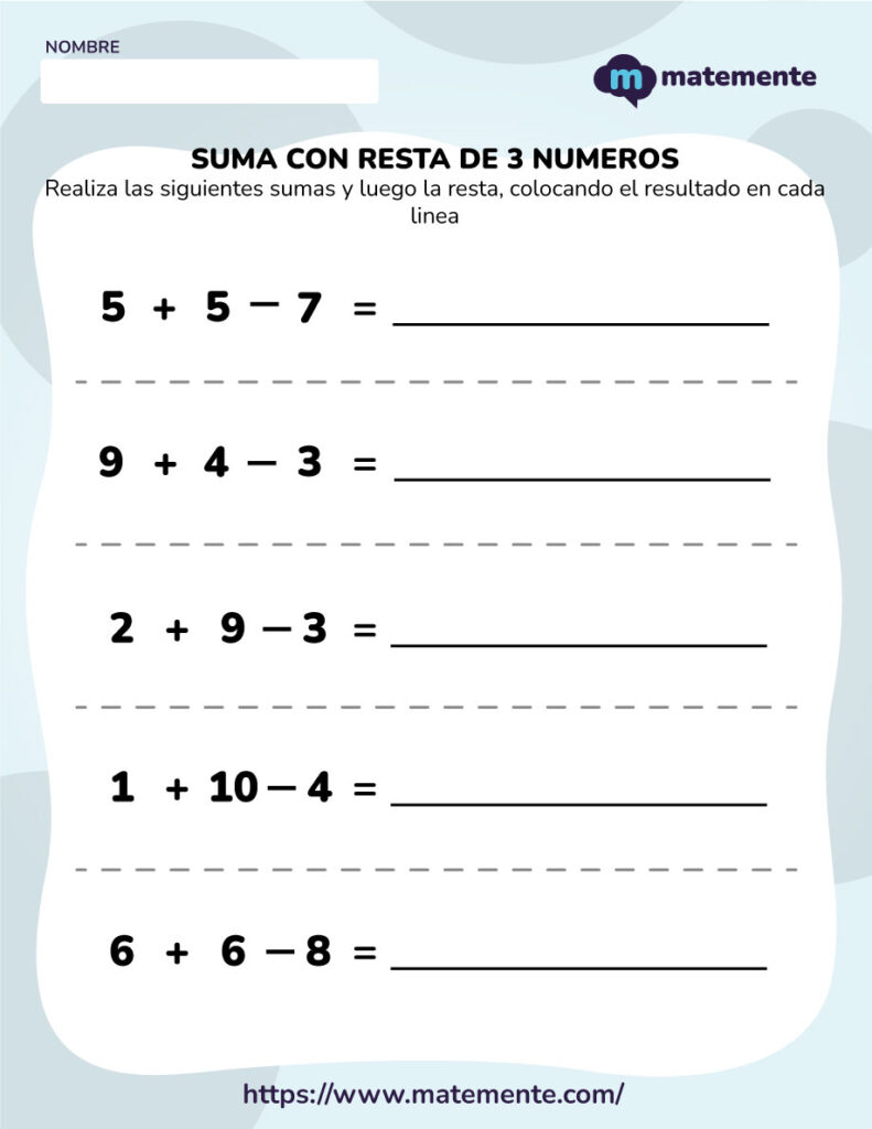 Suma con resta de 3 números - 3