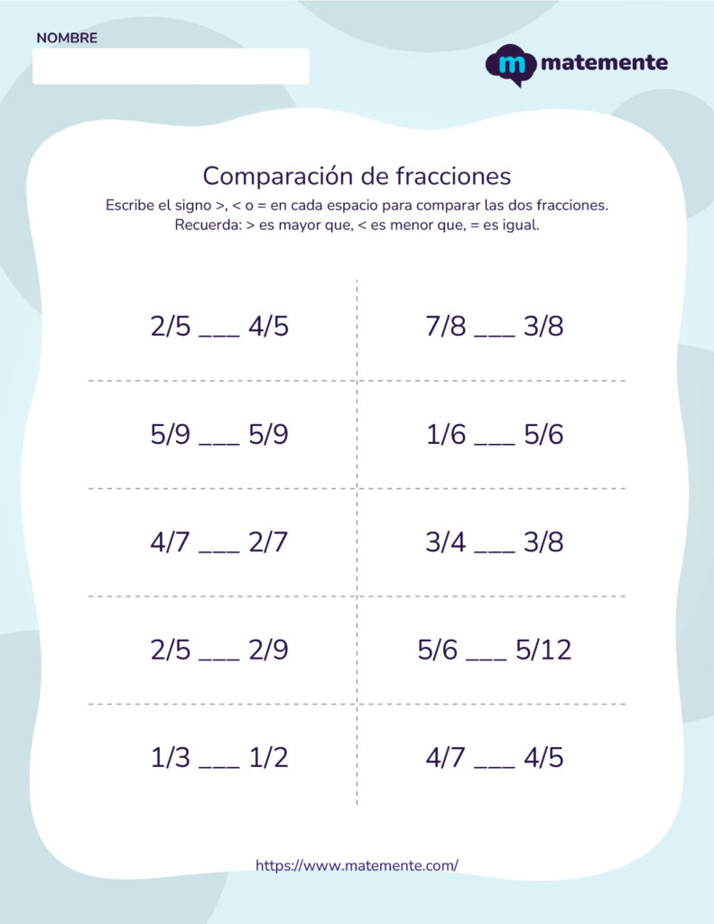 Ejercicios de comparación de fracciones para imprimir